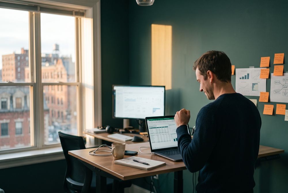 Founder celebrating a new sale at a standing desk