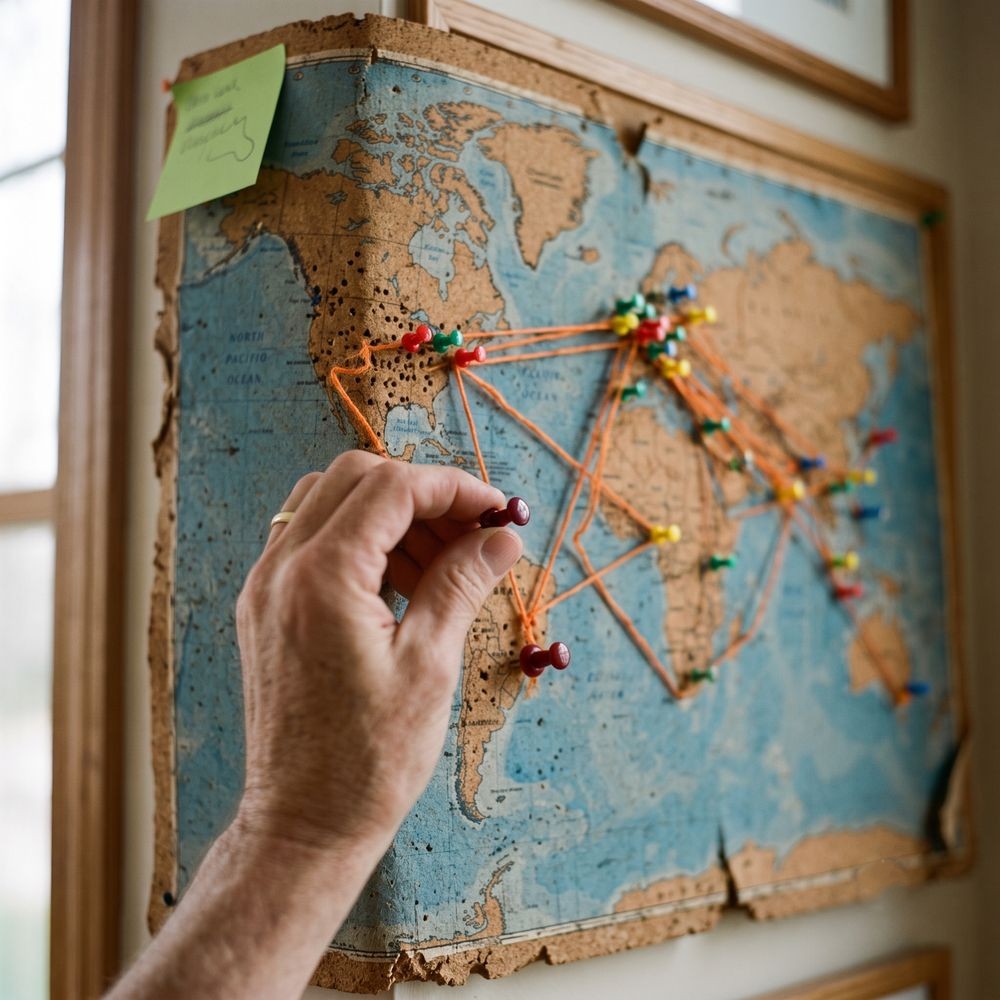 World map with paper pins connected by string