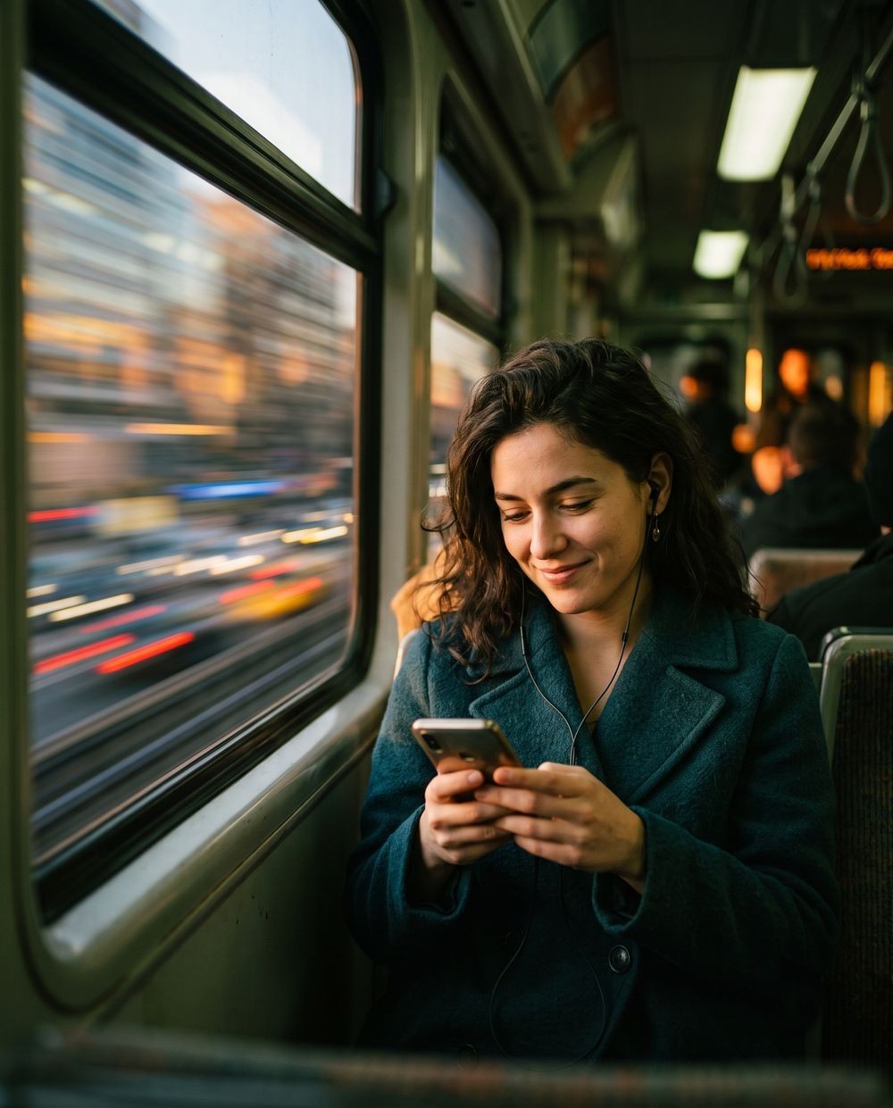 Commuter smiling at their phone on a train