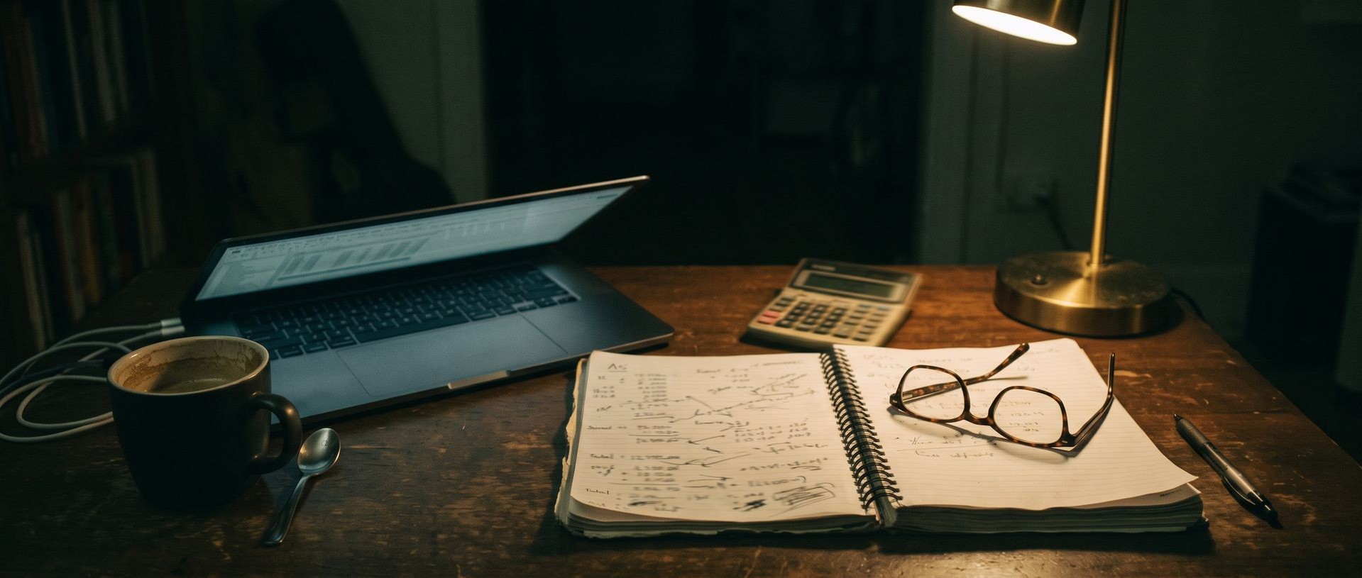 Late-night desk with handwritten numbers and a glowing laptop