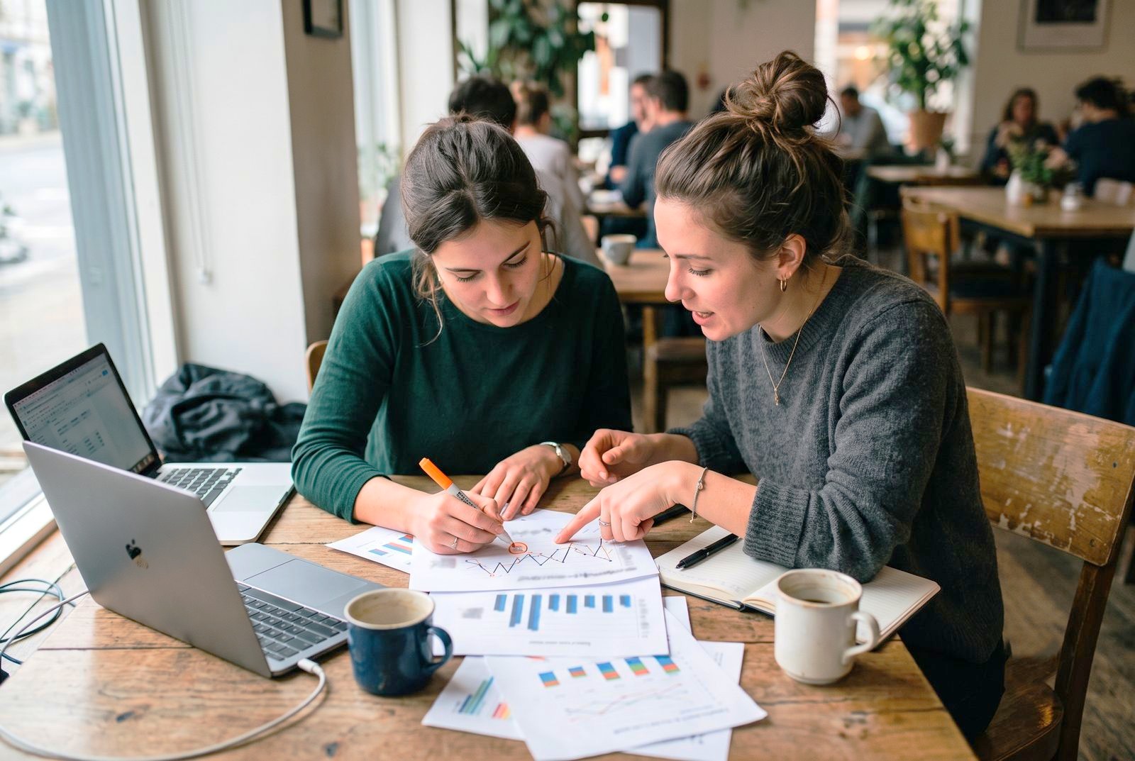 Two founders reviewing printed charts at a wooden table