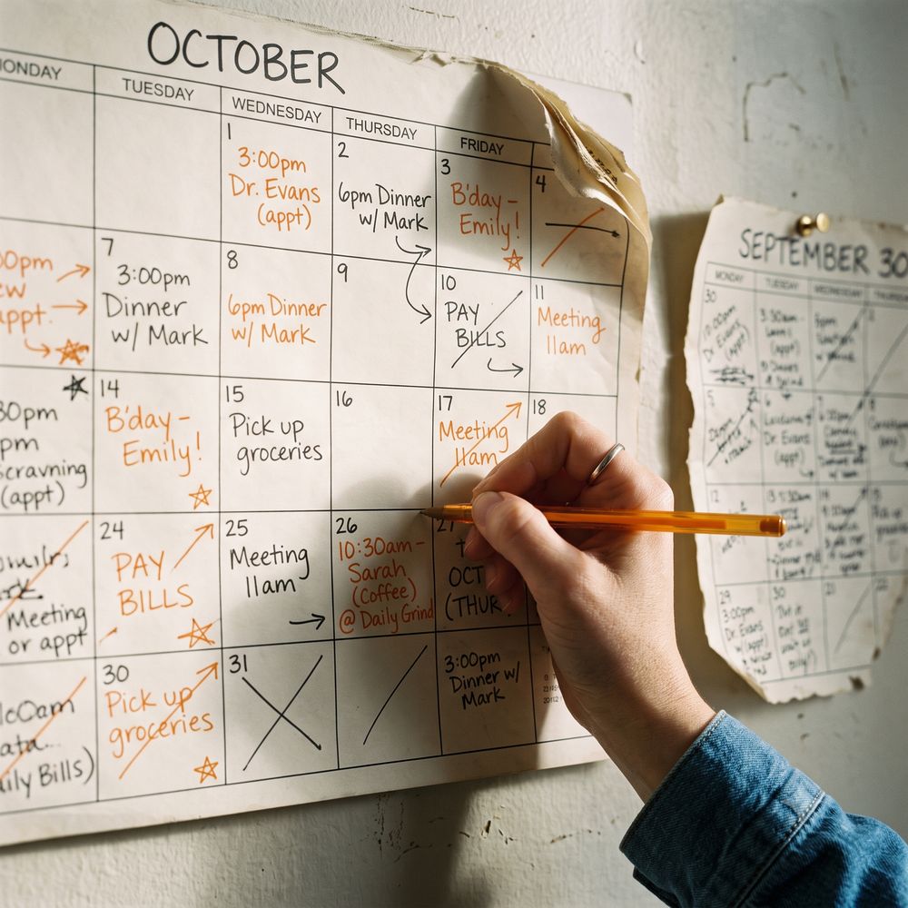 Paper wall calendar filled with handwritten appointments