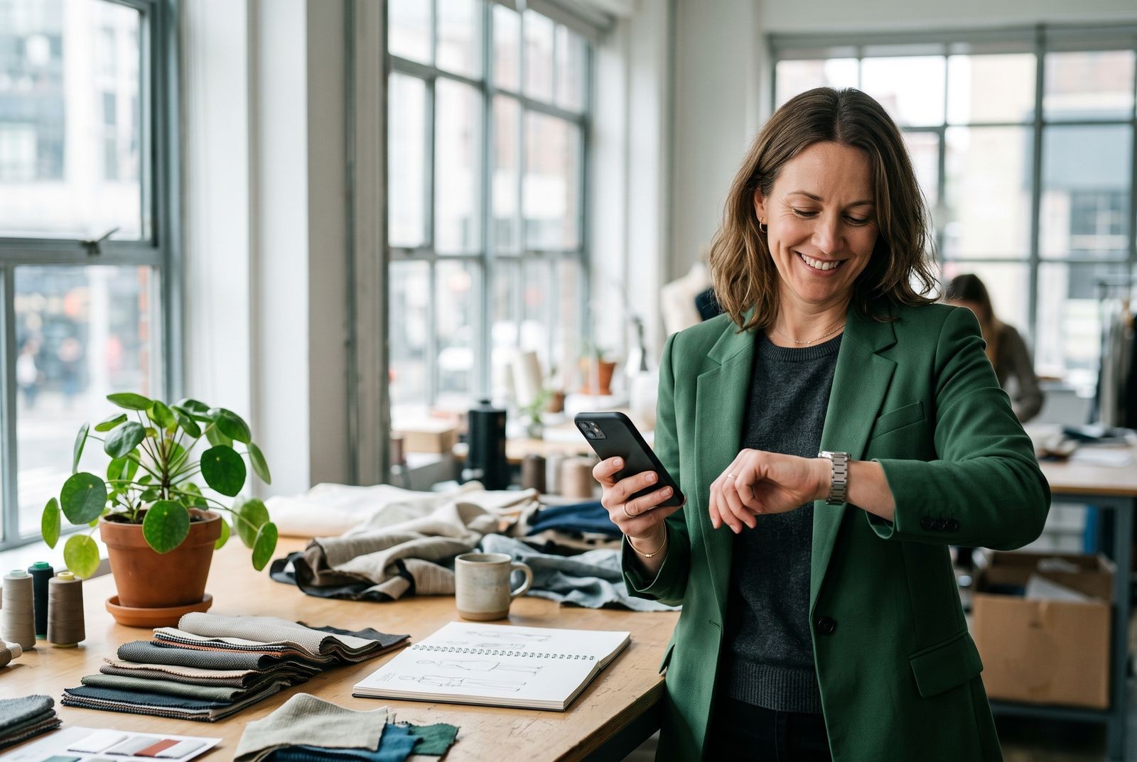 Consultant checking her watch with a calm smile in a bright studio