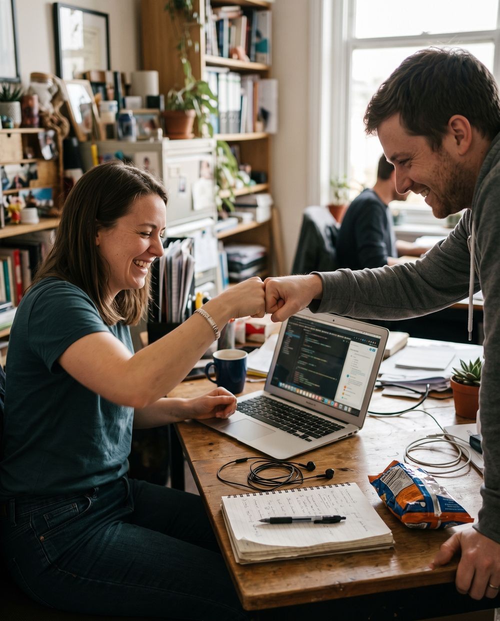 Two colleagues fist-bumping over a laptop