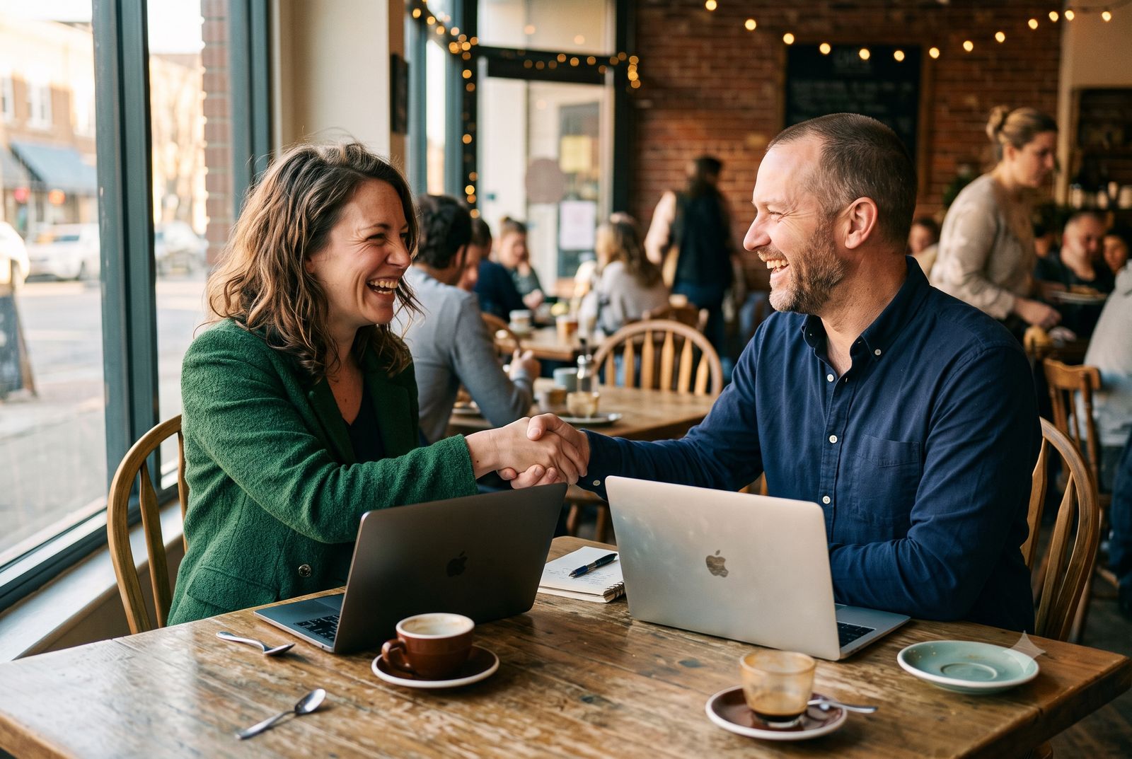Two business people closing a deal across a café table