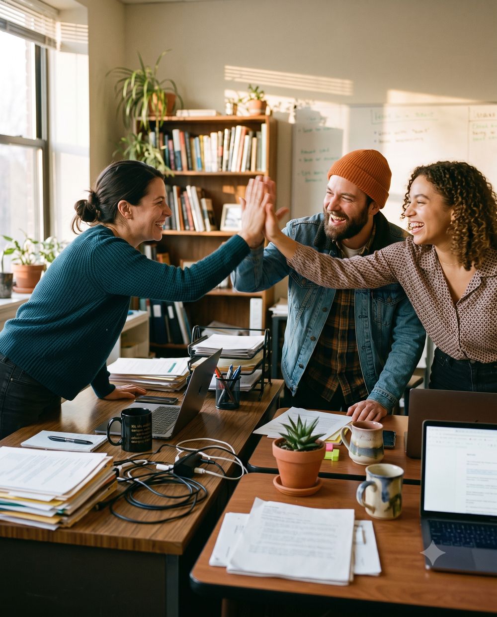Small support team celebrating across desks