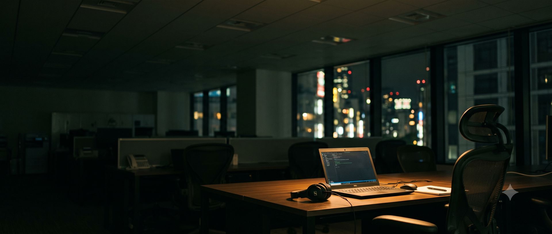 Empty support desk at night with a glowing laptop