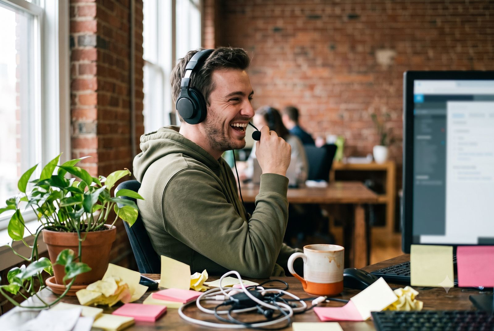 Customer support agent laughing on a call in a small startup office